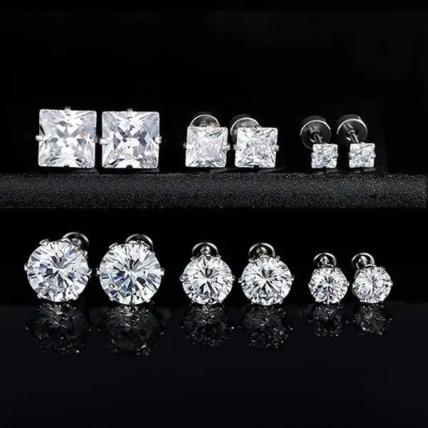6 Pairs Hypoallergenic Titanium Stud Earrings Set, Round Cubic Zirconia Surgical Stainless Steel Jewelry, Men's Earrings for Women - Home Improvement Building Supplies Wallpaper & Wall Trim Accessory