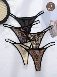 Women's Leopard Print Sheer Mesh Thong Panties, Fitted Knicker, Low Waist Thin Fitted Underwear, Casual All Season Lingerie Set, Pack of 5