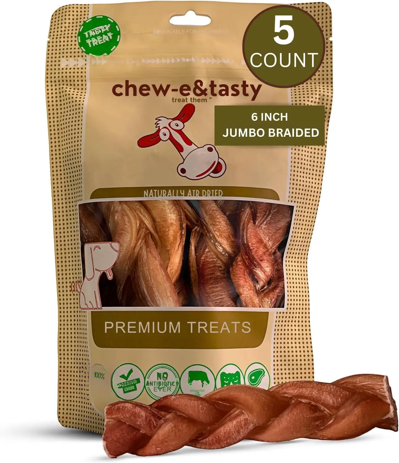 CHEW-E&TASTY 6" Jumbo Braided Bully Sticks for Dogs (Pack of 5) - Long Lasting Beef Chews - Made of High Protein & Low Fat Dog Bully Sticks