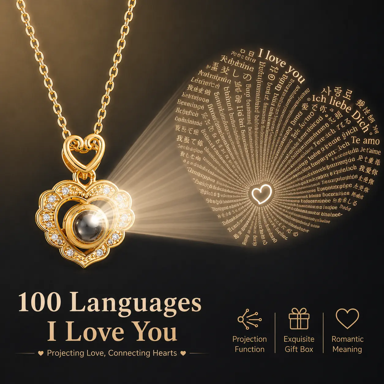 Pendant Necklace for Women, Crystal Heart and Zircon Snowflake Charm on Stainless Steel Chain, "I Love You" 100 Languages Projection, Meaningful Anniversary Love Gift, Casual, Womens Gifts, Valentines Day, Meaningful Gifts