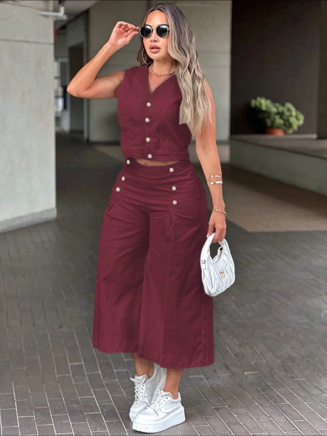 Women Sleeveless Button Crop Top and High Waist Wide Leg Pants Two Piece Set Lady Womenswear Clothes, Casual Chic Minimalist Breathable Lightweight Summer Outfit Easy Matching Look