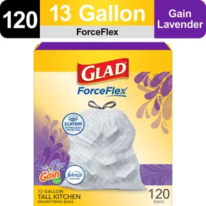 Glad ForceFlex Tall Kitchen Drawstring Trash Bags, 13 Gallon, Gain Lavender with Febreze Freshness, 120 Count