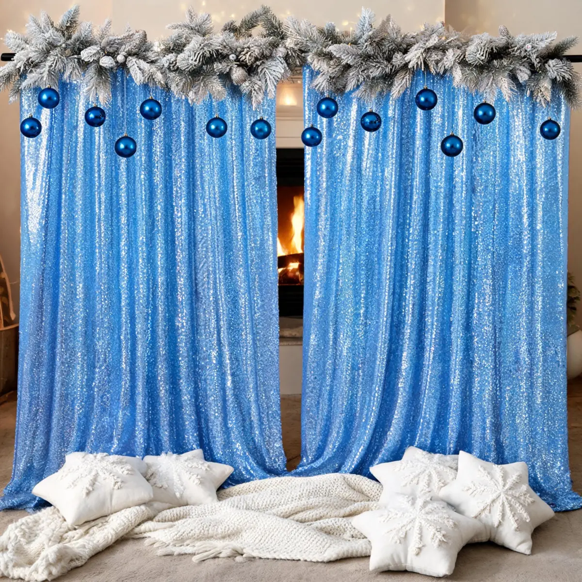 Luxury Baby Blue Polyester Sequin Mesh Backdrop Curtain with Mesh Backing, 2 Panels (4ft x 8ft) - Glam Party Event Decor, Arch Stage Photography Drapes with Multiple Uses