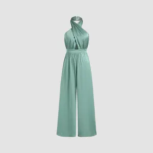 Cider [2 colors, size 2-10] Solid Satin Cross Halter Jumpsuit