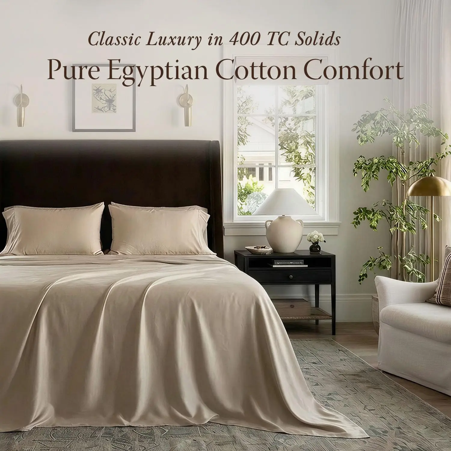 Threadmill Home Linen Full 400 TC 100% Certified Egyptian Cotton Bed Sheet Set - Jacquard Weave, Solid Bedding, Breathable, Durable, Fade Resistant, All-Season Cooling Home Linens
