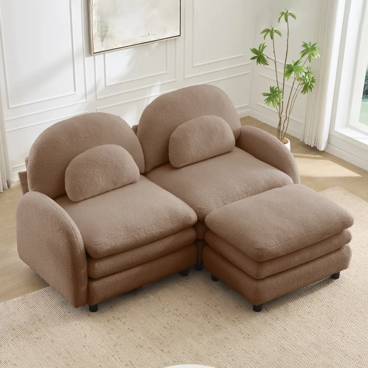 Loveseat Sofa with Ottoman, 68.5" Sectional Loveseat with Chaise Ottoman Teddy Fleece, Plush Comfortable Sofa Perfect for Small Living Room Furniture with Ergonomic Curved Design and Modern Apartment Studio Style, Camel