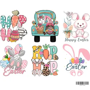 6 Pack Easter Rabbit Carrot Iron on Transfer Stickers Washed Vinyl Patches with Leopard Print Soft Color Design for T Shirts Jeans Masks Backpacks Easter Crafts Decorations