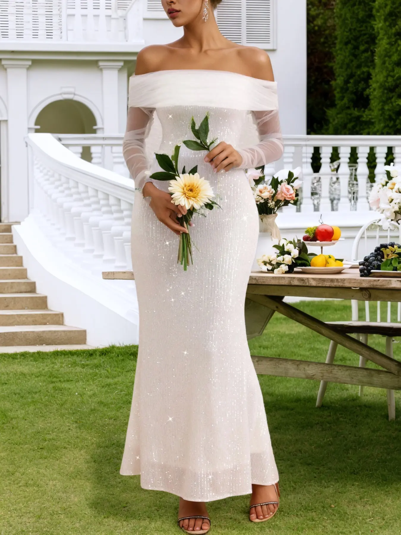 Elegant Sequin Women's Bridal Wedding Dress, Romantic Bridesmaid Dress for Special Occasions, Stylish and Comfortable Formal Wear Gown with Long Sleeve