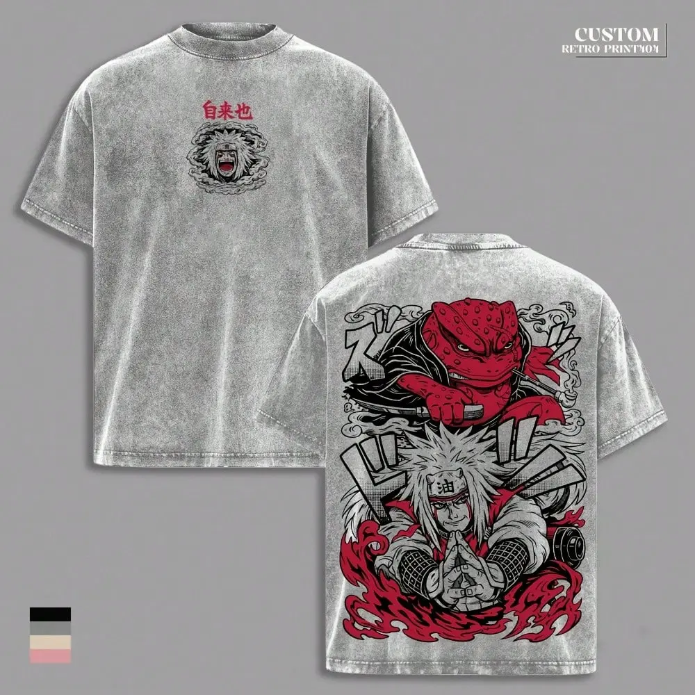 Jiraiya Naruto1 Shippuden Vintage Washed Oversized T-Shirt, Legendary Sannin Sage Mode Anime Graphic Tee, Double Sided Print, Heavyweight Cotton Top,Casual Daily Wear Top for Anime Fans, Gaming Lovers & Street Fashion Enthusiasts