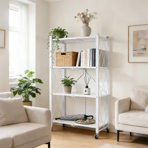 4-Tier Rolling Storage Rack – 49"H Folding Shelf Unit, Heavy Duty Steel, NO Assembly Required, Collapsible Cart on Wheels for Kitchen, Pantry & Basement White