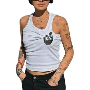 Women's Ribbed Racerback Tank Top Metal Hand Pinched Detail Stretchy Slim Fit Y2K Crop Tee