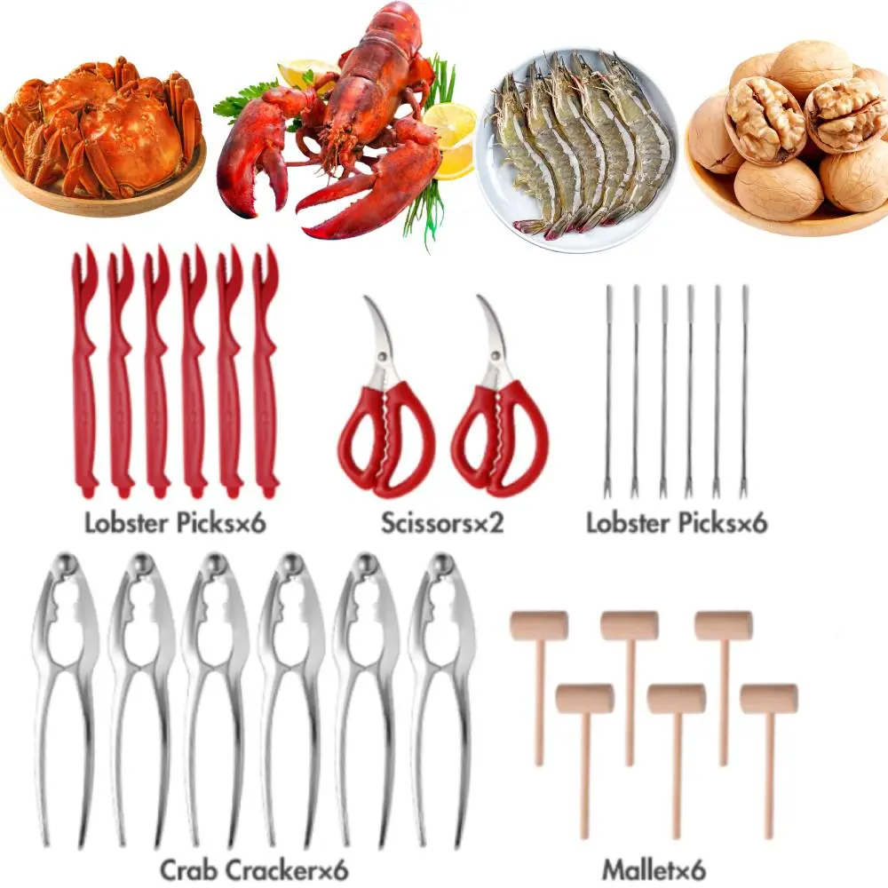 26PCS Seafood Tools & Nut Cracker Tool Set, with 6 Crab Crackers & 6 Shellfish/Seafood Forks & 6 Plastic Lobster Shellers & 2 Seafood Scissors & 6 Crab Hammers