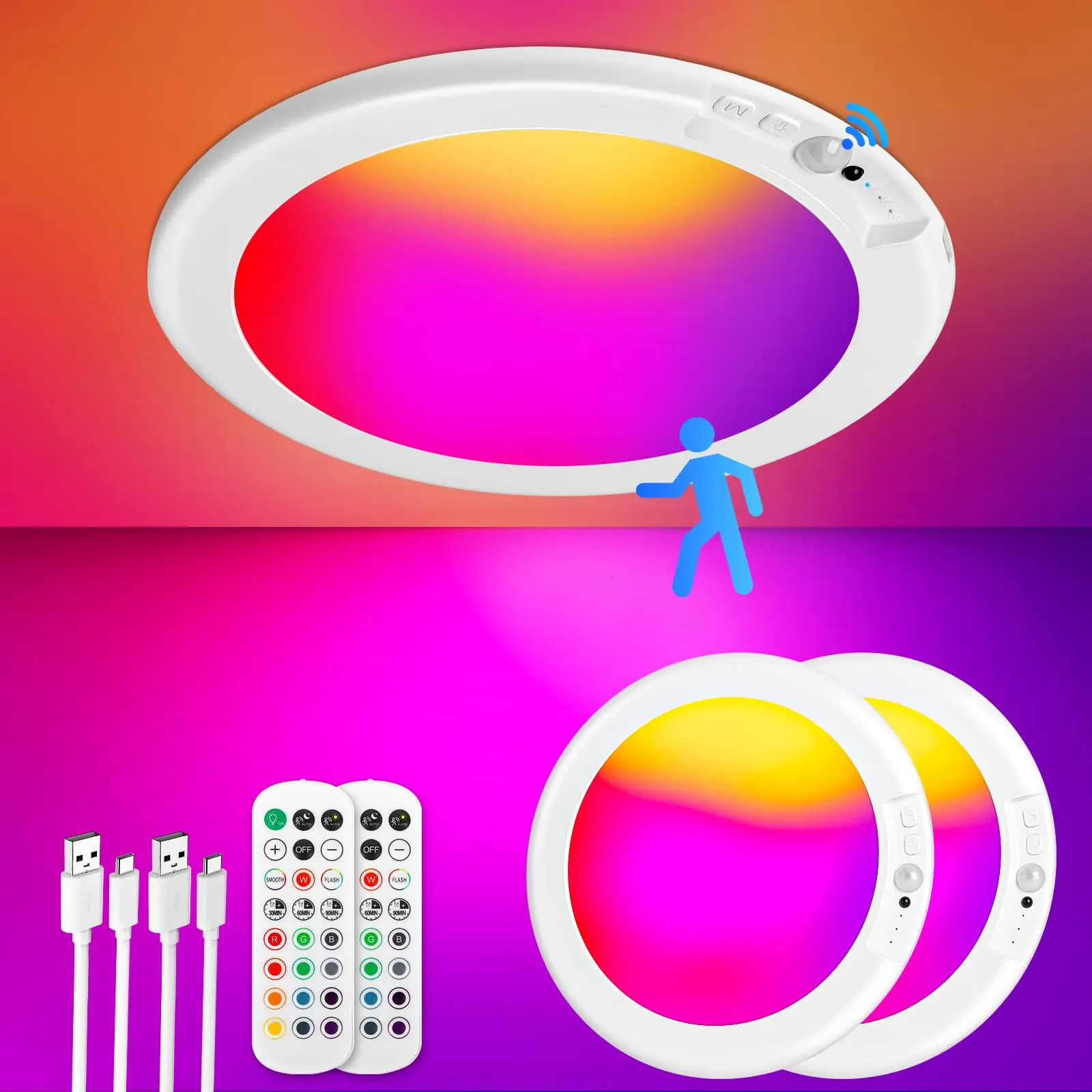 Rechargeable Motion Sensor Ceiling Light with Remote, 12 RGB Colors, Magnetic Wireless Battery-Powered LED Overhead Lamp for Closet, Pantry, Shed, Hallway, Bathroom & Shower