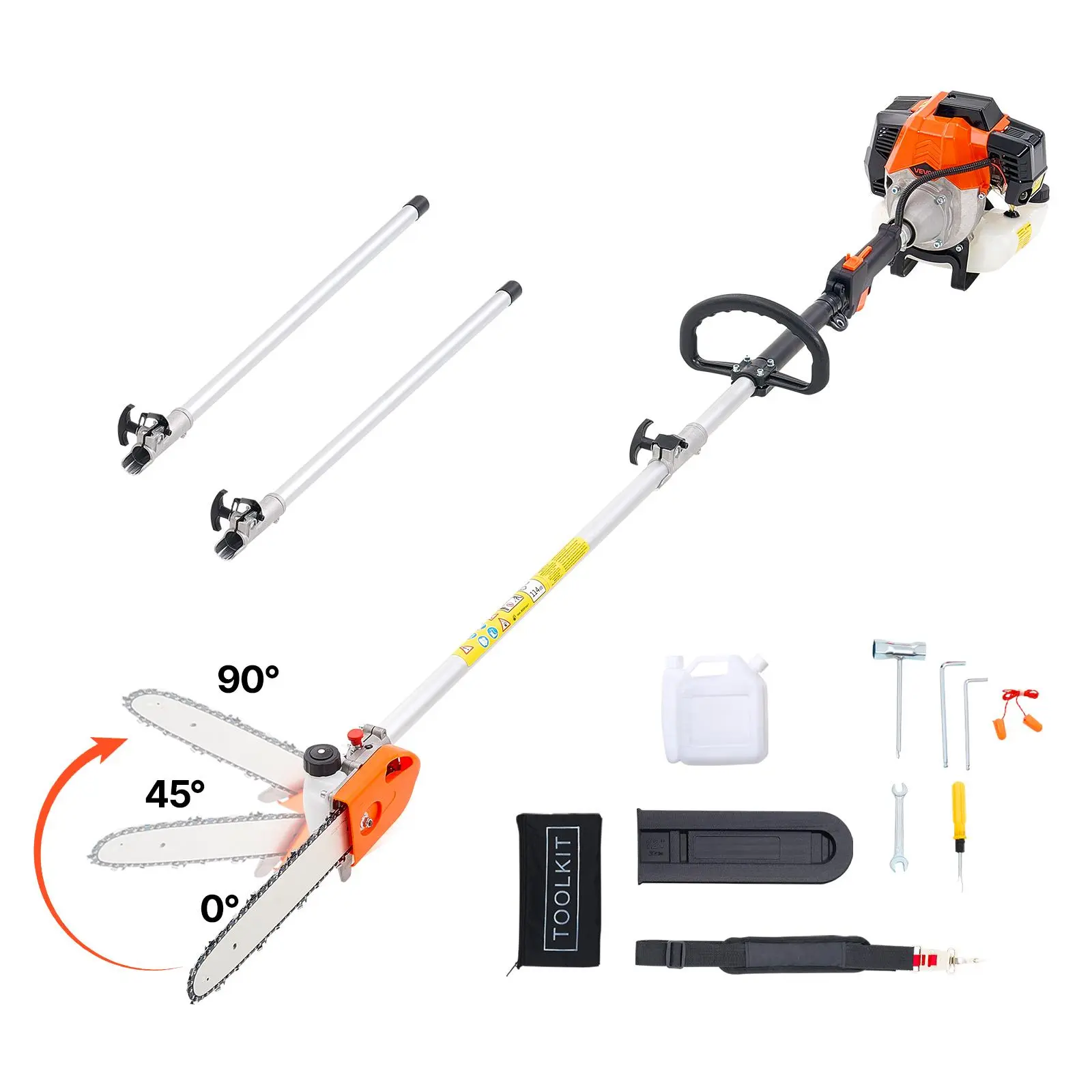 【Summerfinds】VEVOR 43CC 2-Stroke Gas Pole Chainsaw, 12 in Steel Cutting Bar, 7.1-12 ft Extendable Aluminum Alloy Pole, Rotating Adjustable Head, Anti-Slip Grip, Chain Oil Reservoir, Lightweight Landscaping Tool with Shoulder Strap for Branch Clearing, 3/8