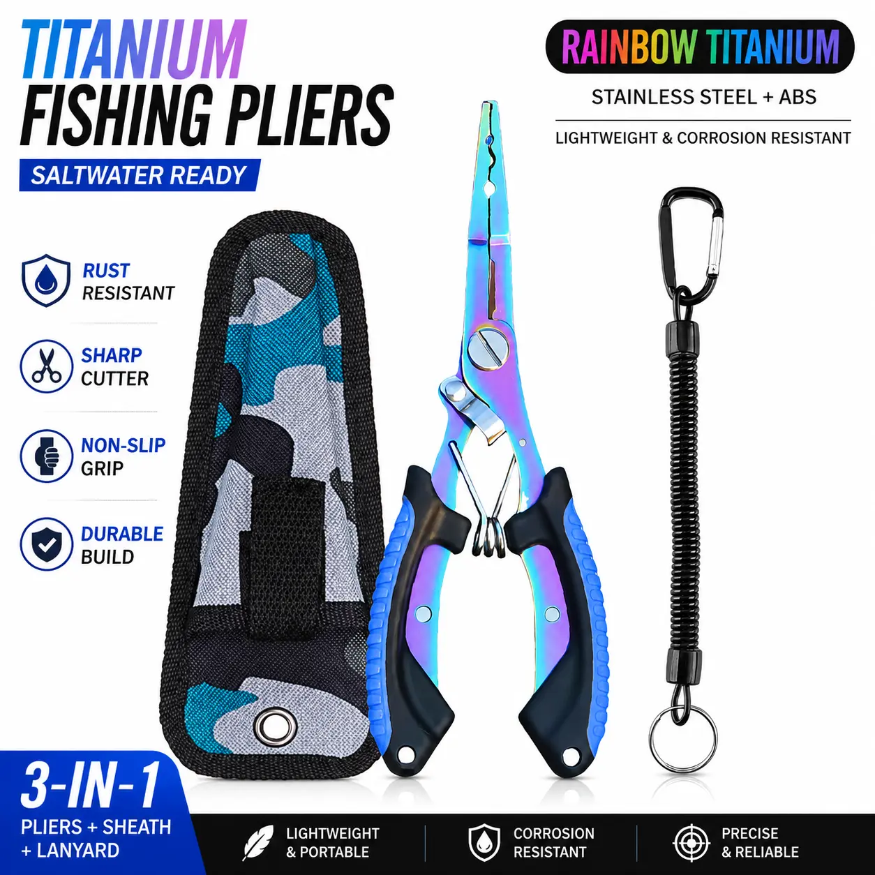 16.5cm Stainless Steel Functional Fishing Pliers - Rainbow Titanium Coated, Spring Loaded with Safety Lock, Long Nose Hook Remover, Braid Cutter, Split Ring Tool, 1-Handed Operation, Lanyard & Sheath for Freshwater, Saltwater Fishing PE Line, Hook Removal