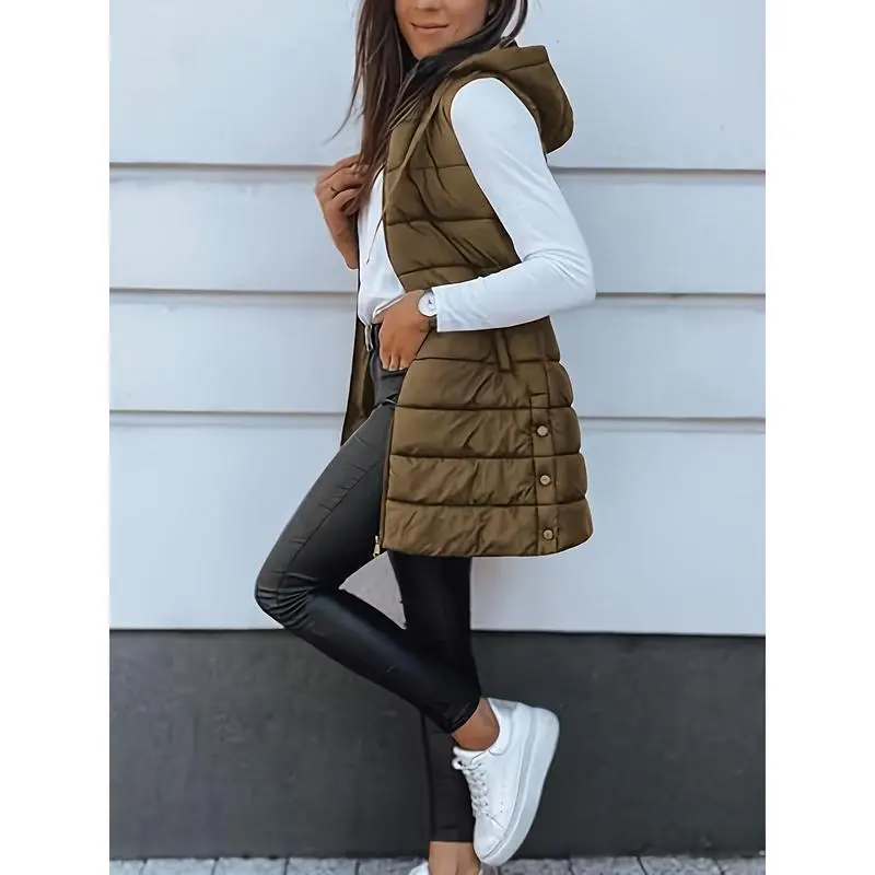 Women's Sleeveless Jacket, Casual Hooded Quilted Puffer Vest with Pockets for Autumn and Winter, Tops, Sleeveless Cut, Solid, Khaki