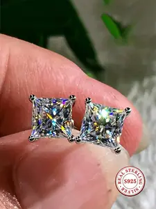 Princess Cut Moissanite Stud Earrings, 925 Sterling Silver Hypoallergenic Square Diamond Earrings for Women Men, 4-Prong Solitaire Setting, Ideal for Sensitive Ears, Daily & Formal Wear, Stud Earring Jewelry