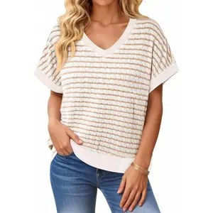 Tankaneo Womens V Neck Short Sleeve T-Shirts Oversized Knit Striped Tops 2026 Trendy Casual Loose Tees