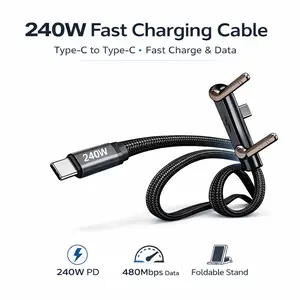 LWW 240W USB-C to USB-C Fast Charging Cable with Built-in Phone Stand, Right Angle Braided Type-C Cord for iPhone 15, iPad, MacBook, Gaming & Desk Use, PD 3.1 Durable Charger, 3-Pack
