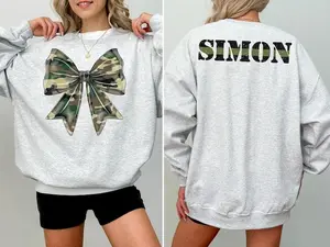 Custom Army Wife Sweatshirt with Name, Proud Military Family Sweatshirt Green Line Camo Coquette Bow