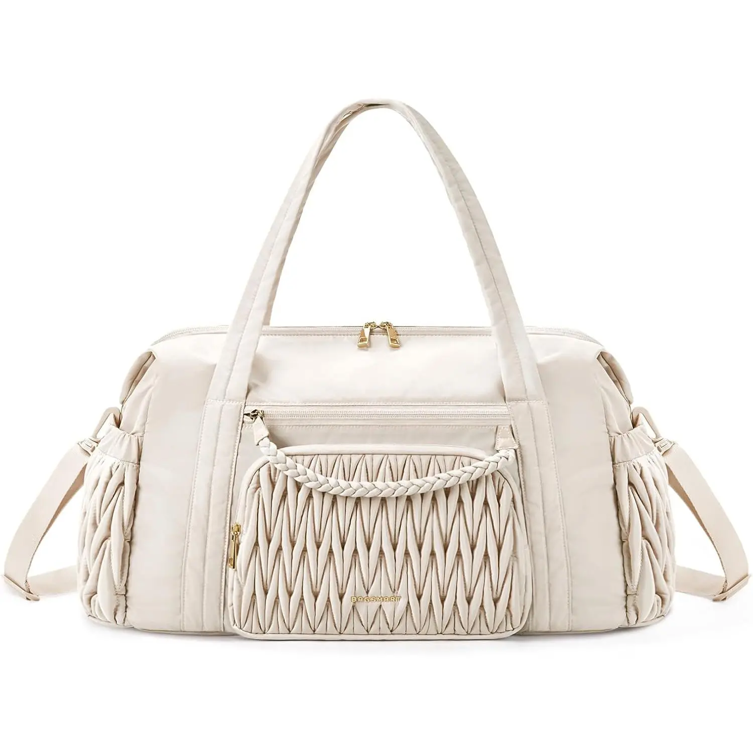 Women's Chic Quilted Twist Weave Duffel Bag - 18.5x8.7x11in, 17cm*12cm*12cm, 0.1kg, High-Capacity Compartmentalized Overnight Gym Carry-On, Beige, Fits 15.6'' Laptop, Longer Adjustable Strap, Zipper, Sporty Business Use