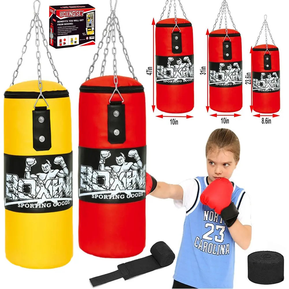 Unisex PU Leather Anti-Burst Hanging Punching Bag Set (23.6in-47in Unfilled, Customizable Fill) - Boxing & Martial Arts Equipment with 31in Foam Gloves, Chains, 8.6/10in Boxing Hand Wraps, 118in Boxing Straps for 2/2.6/4ft User Training, Leathers