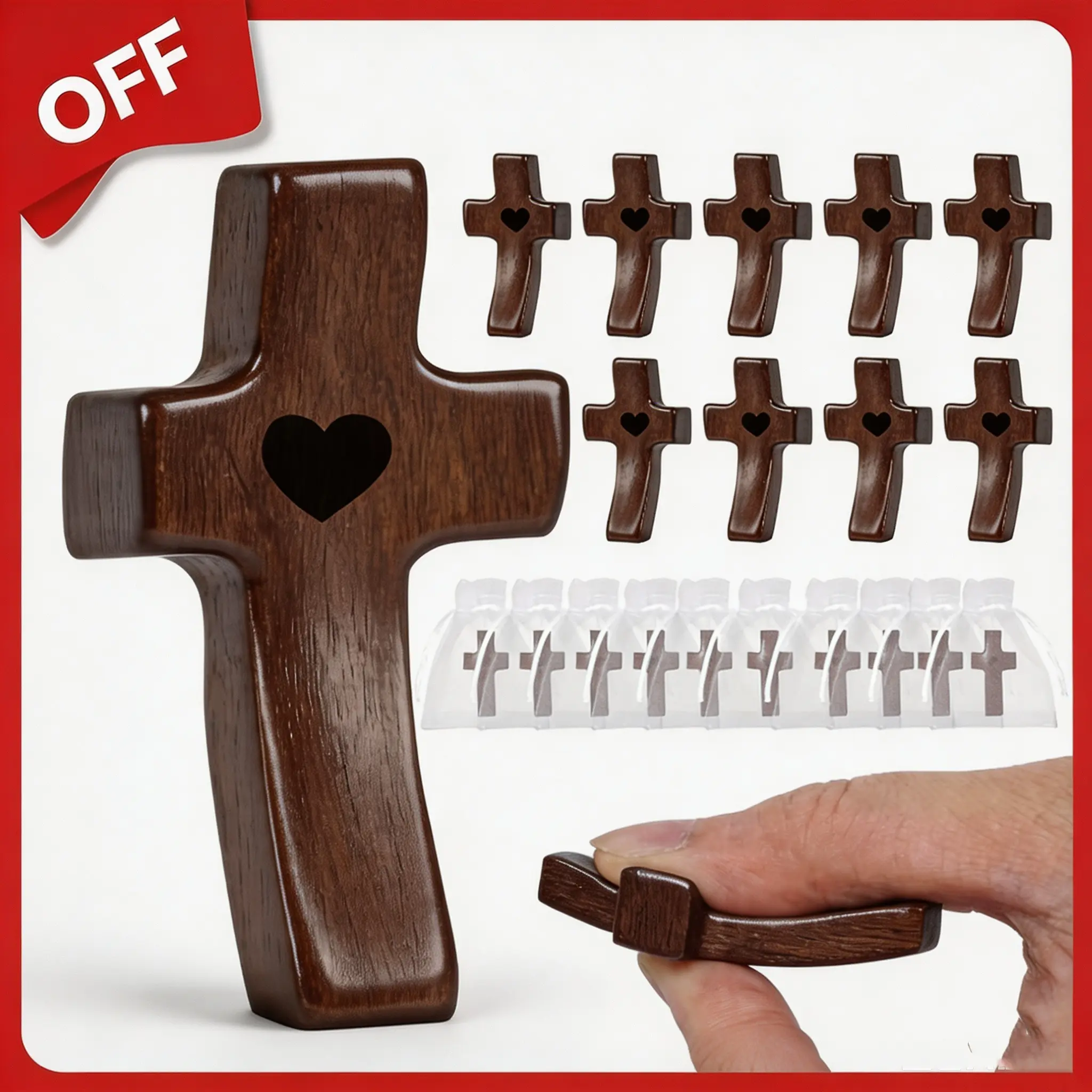 Handmade 10Pcs Wooden Cross Fidget Bulk with Organza Bags - Stress Relief Pocket Cross My Heart for Christian, Pocket Prayer Cross, Religious Easter Day Gifts, for Church