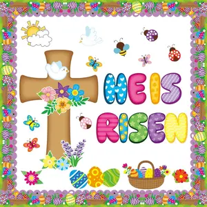 Easter Christian Jesus Bulletin Board Set Easter Religious Decoration Cross He is Risen Cutouts for Classroom School Wall Door Decor