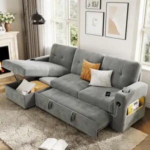 Garvee 84" Modern L-Shaped Sleeper Sofa with Storage, Charging Station, LED Lights, USB/Type-C Ports, Reversible Chaise, Convertible Sectional Bed, Velvet Upholstery for Living Room or Apartment