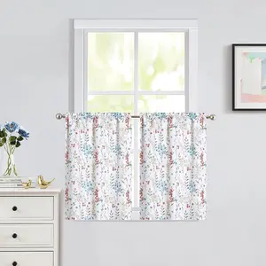Floral Print Tier Kitchen Curtains 24 Inches Length, Watercolor  Cafe Curtains for Kitchen, Flower Bathroom Window , Rod Pocket Half Window Curtain, 28" W x 24" L, Multicolor, Set of 2