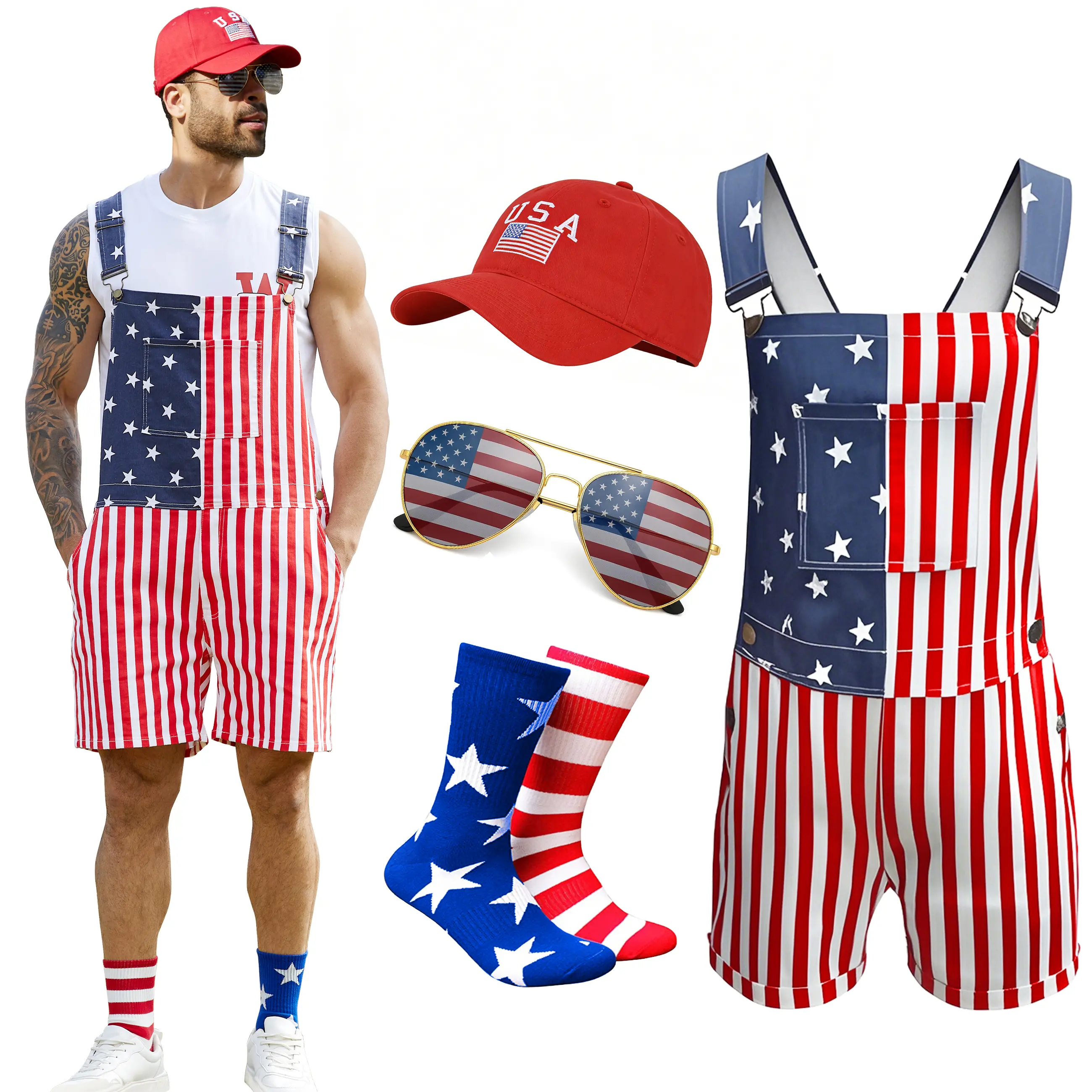 Yuanbang Men's 4-Piece Patriotic 4th of July Costumes - Stripe American Flag Overall Denim, Hat, USA Sunglasses, Patriotic Socks, Father’s Day Gift Menswear Clothes, Hat+Sock+Sun Gear
