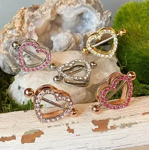 PAIR Gem Paved Heart Nipple Shields Rings Piercing Pierced Body Jewelry