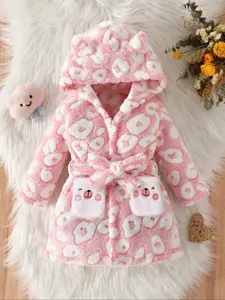 Toddler Girl's Cartoon Bear Embroidery Belted Hooded Cozy Flannel Coat, Cute Long Sleeve Pocket Outerwear for Fall & Winter, Kids Clothes for Daily Wear, Baby Clothes Girl