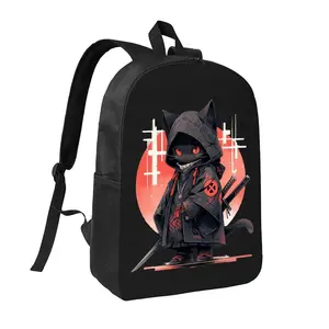 Samurai Cat Backpack 17in Street Style Casual Daypack Lightweight Bookbag