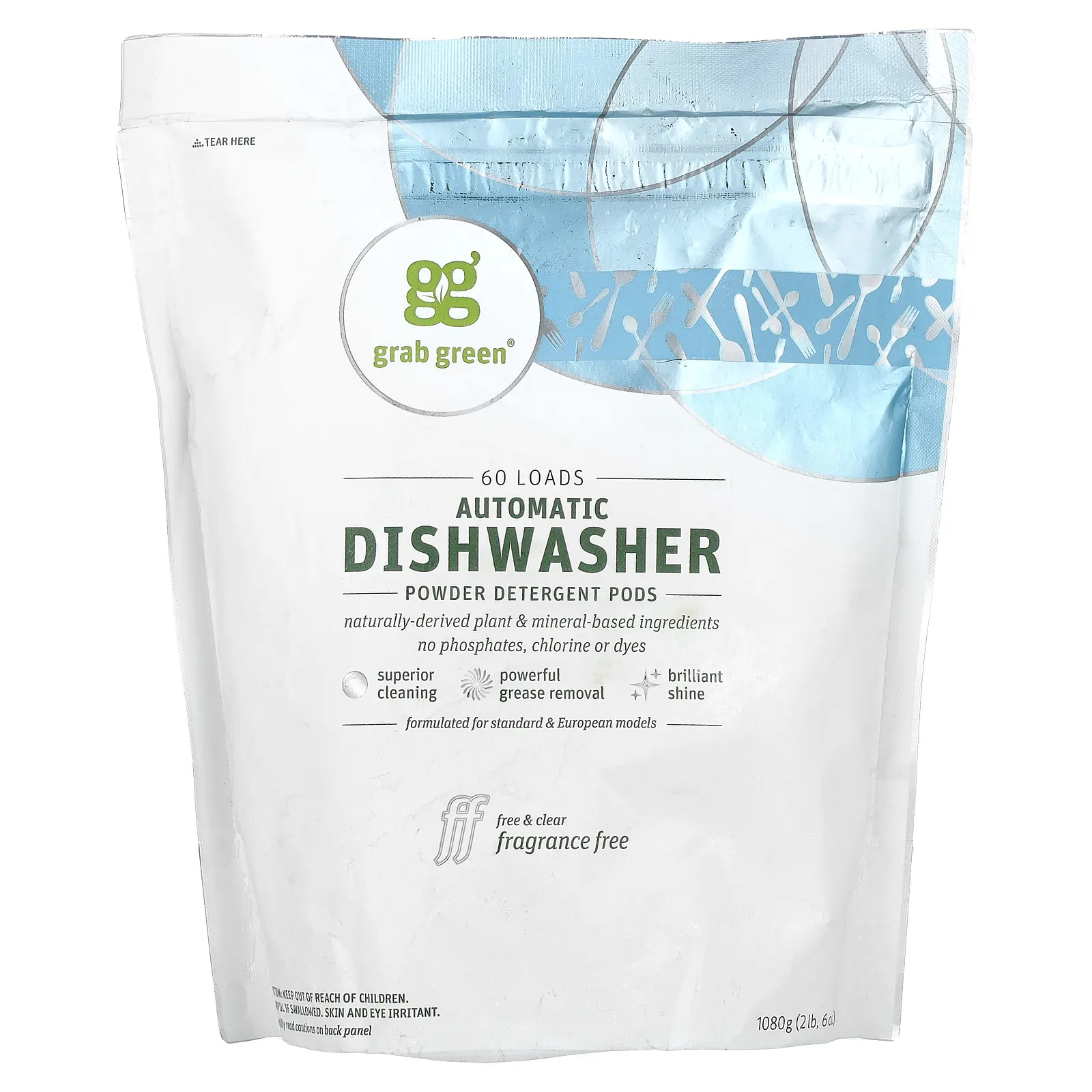 Grab Green Automatic Dishwasher Powder Detergent Pods, Fragrance Free, 60 Loads, 2 lbs 6 oz (1,080 g)