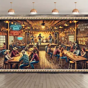 Cowboy & Western Party Backdrop – Bar Theme Tapestry, Wall Hanging, Photography Background, Polyester HD Print, Studio, Indoor, Outdoor, Event Decor