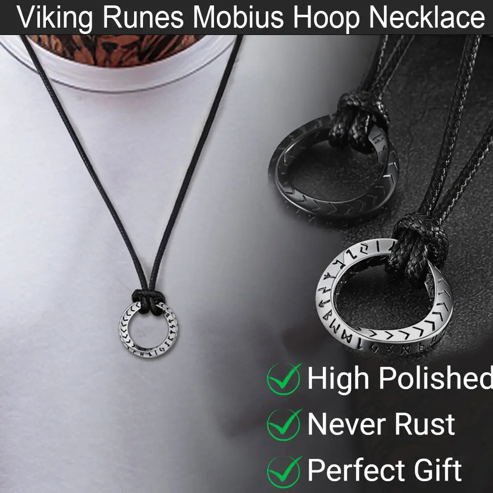 FaithHeart Men's Vintage Norse Viking Rune Mobius Hoop Charm Pendant Necklace, Adjustable Braided Leather Chain, High Polished, Never Rust, Casual, Perfect Gift for Swimming Graduation