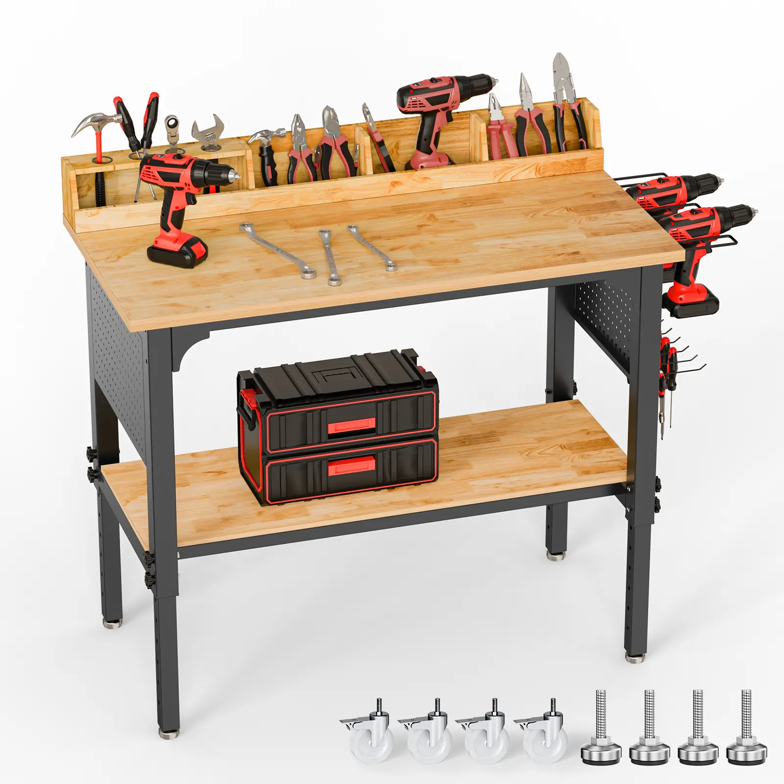 48 Inch Heavy Duty Adjustable Height Workbench 2200 LBS Capacity with Pegboard, Power Outlet, Wheels, Cable Management & Storage Shelf for Workshop Warehouse Garage