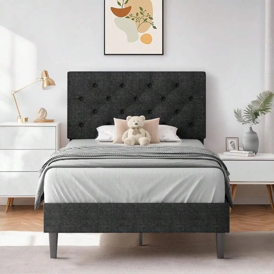 Upholstered    Headboard, Linen Fabric    Button Tufted Headboard, No Box Spring Needed, Easy Assembly, Twin/ Full/ Queen/ King, Beige/ Pink/ Dark Grey/ Grey/ Blue/ Cream/ Black Bed with Frame