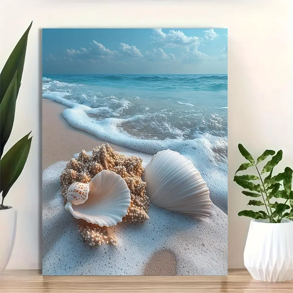 1 pc 12×16 inch framed canvas wall art – panoramic print of seashells on white sand beach, ready to hang ocean decor with vibrant coastal scene and turquoise waters, peaceful beach house wall art for living room, bedroom, bathroom
