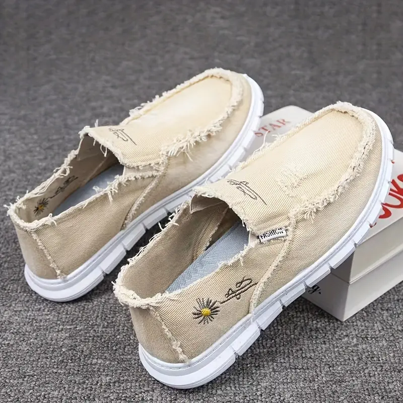 [Soft Sole Loafers] Lightweight Soft Sole Women's Loafers - Letter & Floral Print Slip On Walking Flats - Raw Trim Comfort Canvas Shoes