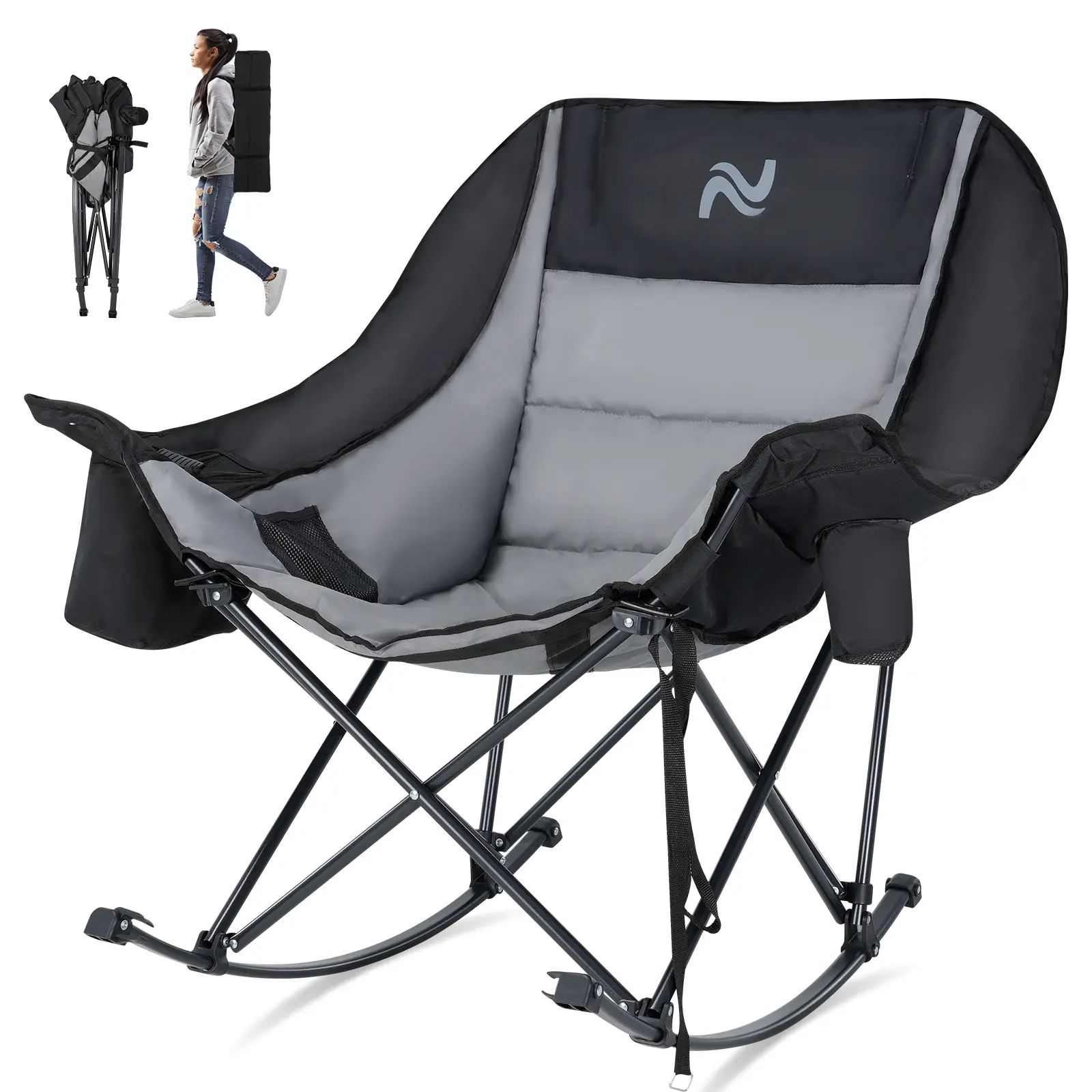 Lilypelle Oversized Rocking Camping Chair, Fully Padded Patio Chair with Cooler Bag&Cup Holder, High Back Portable Lawn Recliner with Headrest, Outdoor Camp Rocker Chairs for Adults Heavy Duty 400 LBS summerwins