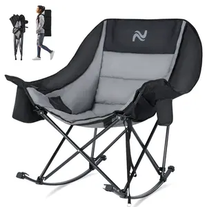 【SummerWins】Lilypelle Oversized Rocking Camping Chair, Fully Padded Patio Chair with Cooler Bag&Cup Holder, High Back Portable Lawn Recliner with Headrest, Outdoor Camp Rocker Chairs for Adults Heavy Duty 400 LBS