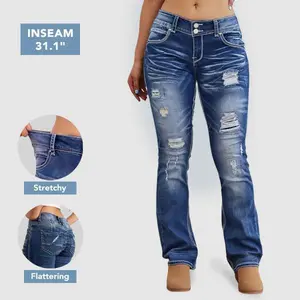 Flamingals High Stretch Bootcut Jeans Low Rise Ripped Wash Contrast Stitch BBL Flattering Fit