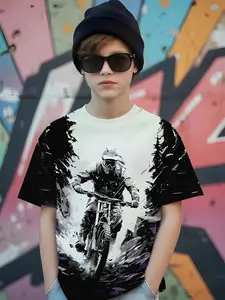 Boys' New Mountain Dirt Bike Print Short Sleeve T-Shirt, Cool Casual Top for Everyday Wear, Stylish Fitted Design for Boys, Graphic Fashion Tee