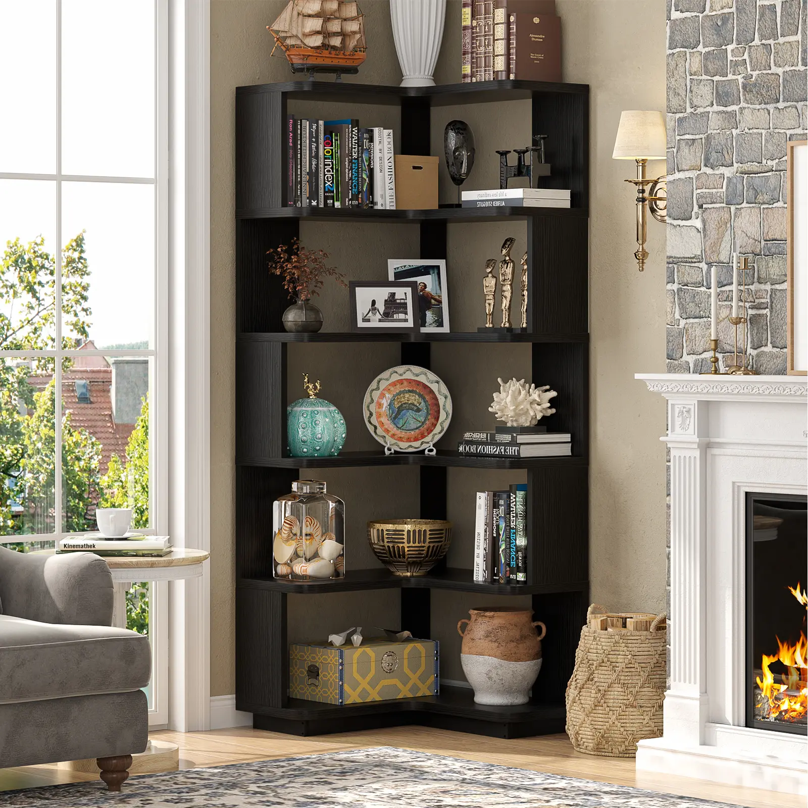 Modern Corner Bookshelf - Freestanding L-Shaped Wooden Bookcase with Baffle, Adjustable Storage Shelves, Sturdy Room Decor Apartment Furniture for Home Office, Living Room