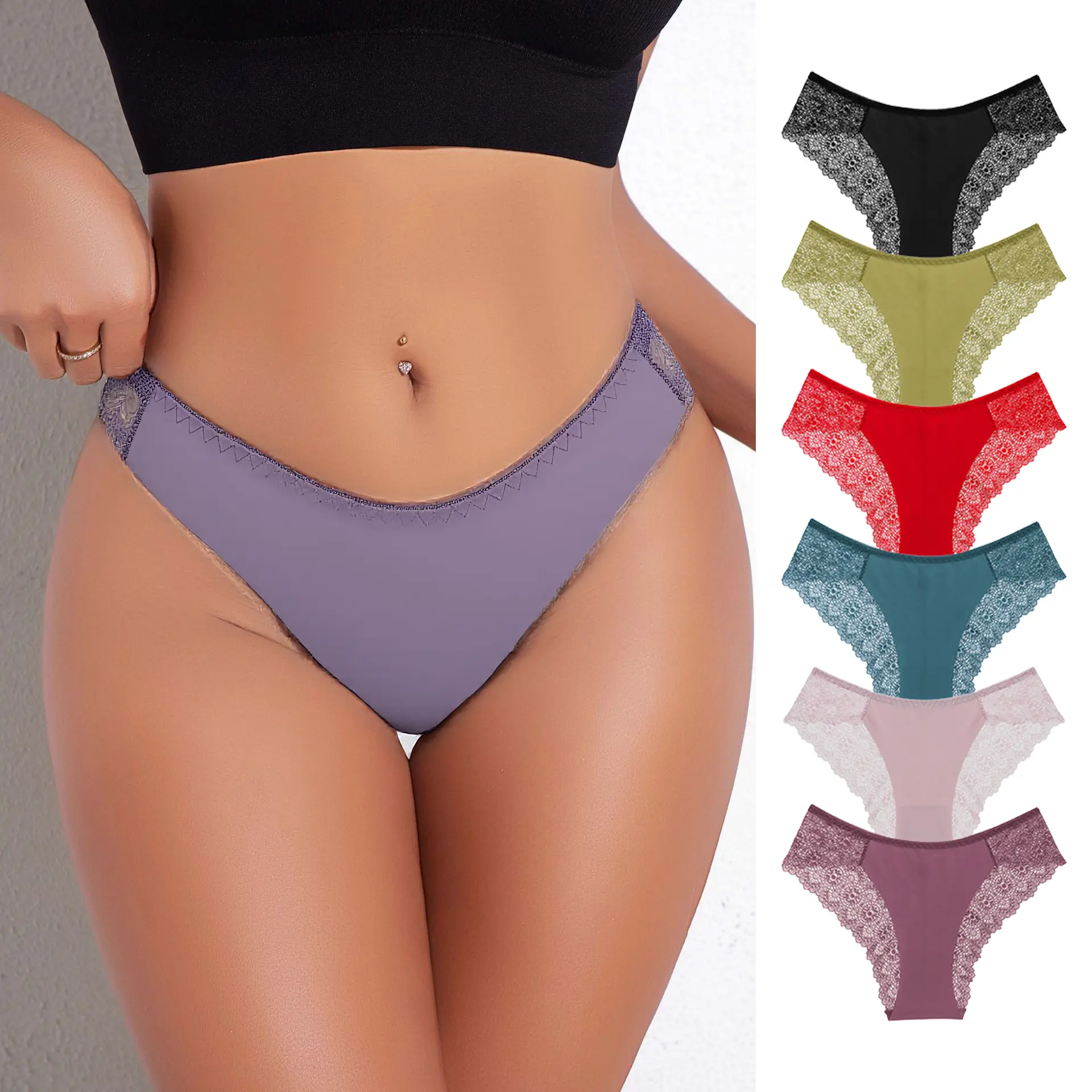 Women’s 6-Pack Minimalist Seamless Low-Rise Cutout Lacy Thong Panties - Breathable Soft Underwear for Everyday Wear, Casual Commuting, Polyester Undergarment, Ideal for Christmas, Birthday, Thanksgiving Gifting