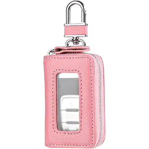 Car Key Fob Case, Genuine Leather Remote Key Protector Cover with Metal Hook & Transparent Window, Protective Automotive Smart Keychain Ring Bag, Compatible with Most Vehicle (Pink)