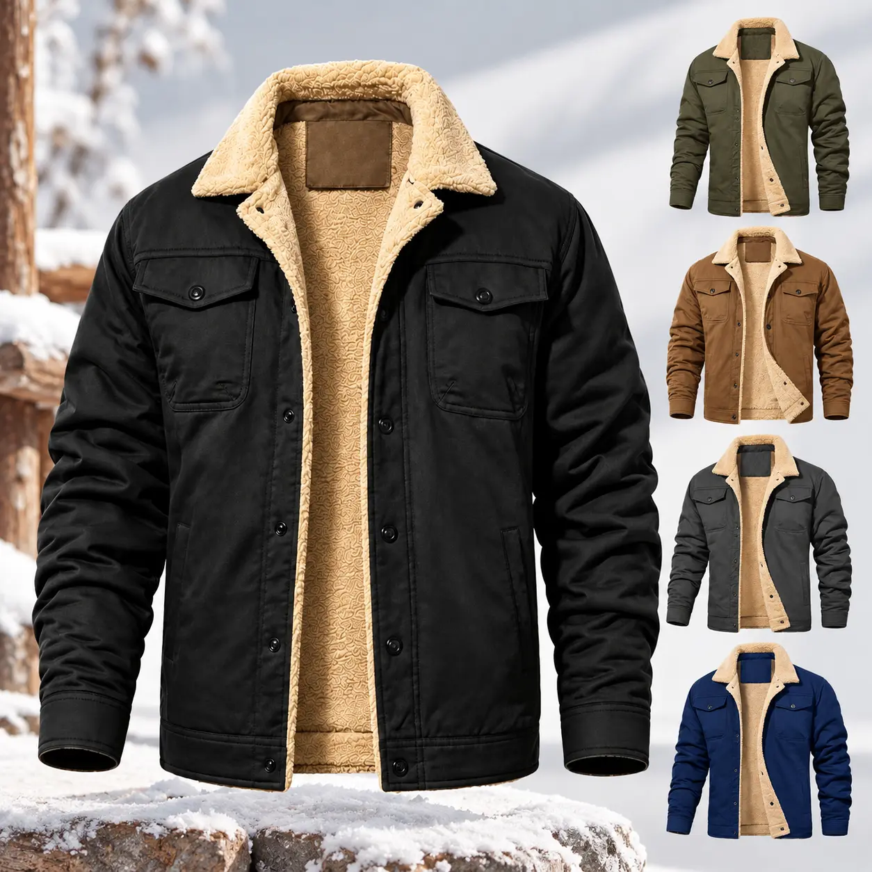 Menswear Men's Fleece-Lined Cotton Sherpa Trucker Cargo Work Jacket - Long Sleeves, Warm, Multiple Pockets, Collared, Soft Fabric, Casual Outdoor Top for All Pant Styles