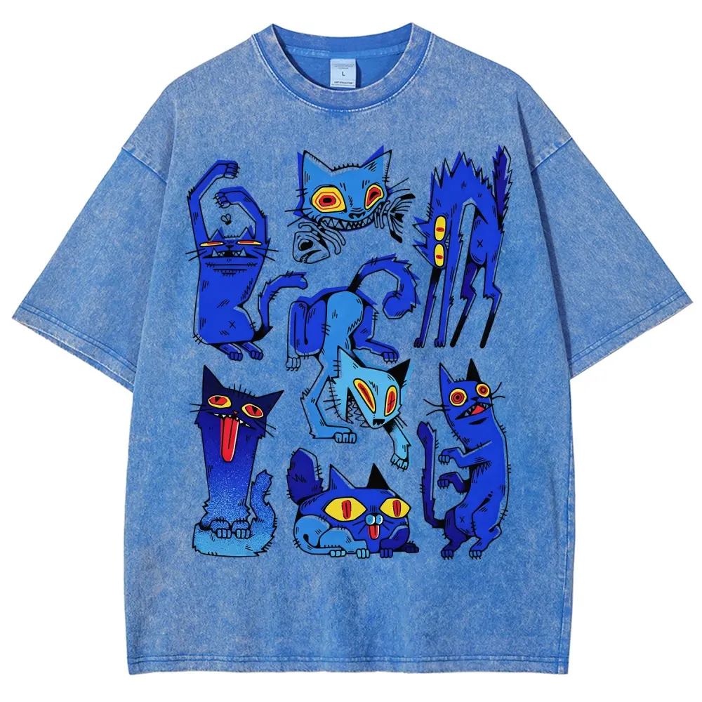 Retro Grunge Blue Crazy Cats Aesthetic T-Shirt, Vintage Washed Tee, Edgy Weird Cat Graphic Shirt, Gift For Alt Cat Lovers